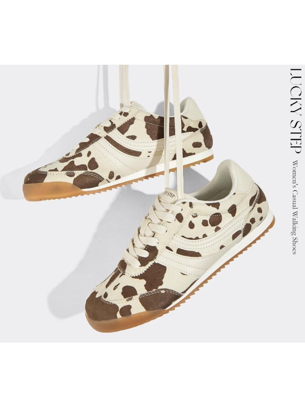 Women's Cow Print Lightweight Thin Sole Lace up Anti Slip Classic Retro Sneakers - Picture 5 of 6